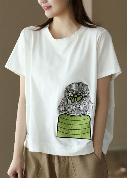 White O-neck Embroidered Patchwork Cotton Top Summer