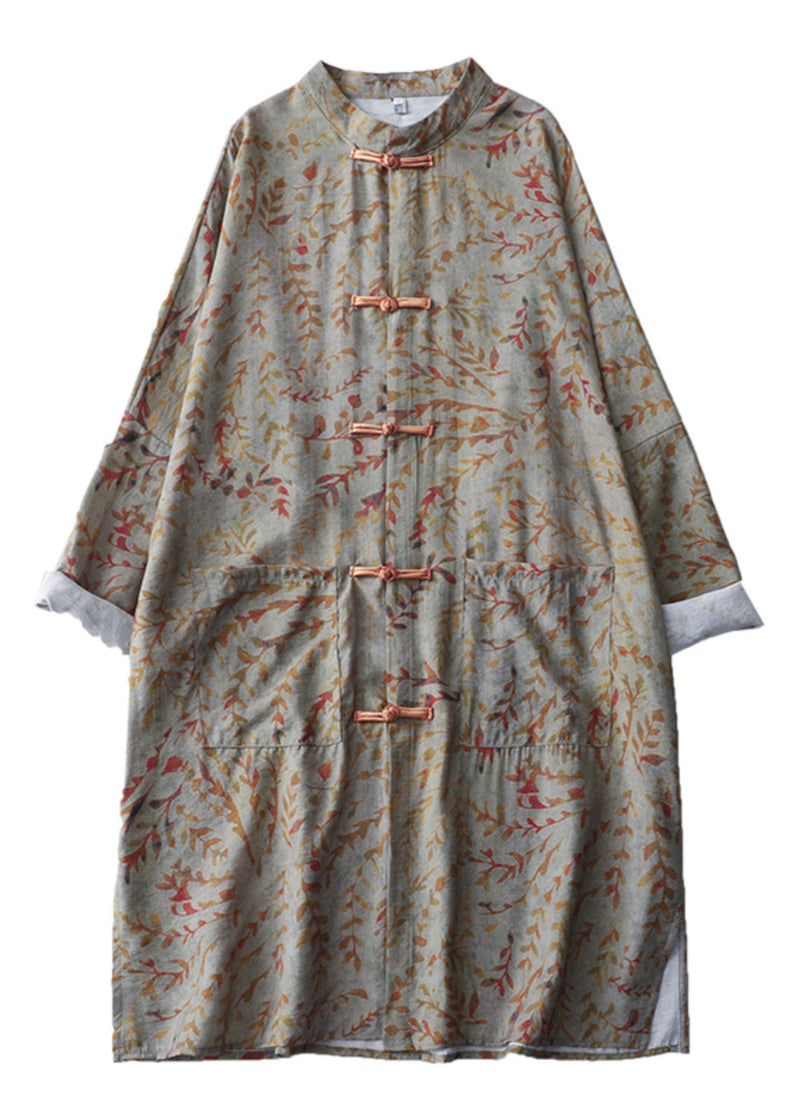 New Retro Khaki Print Chinese Button Oriental Dresss Spring