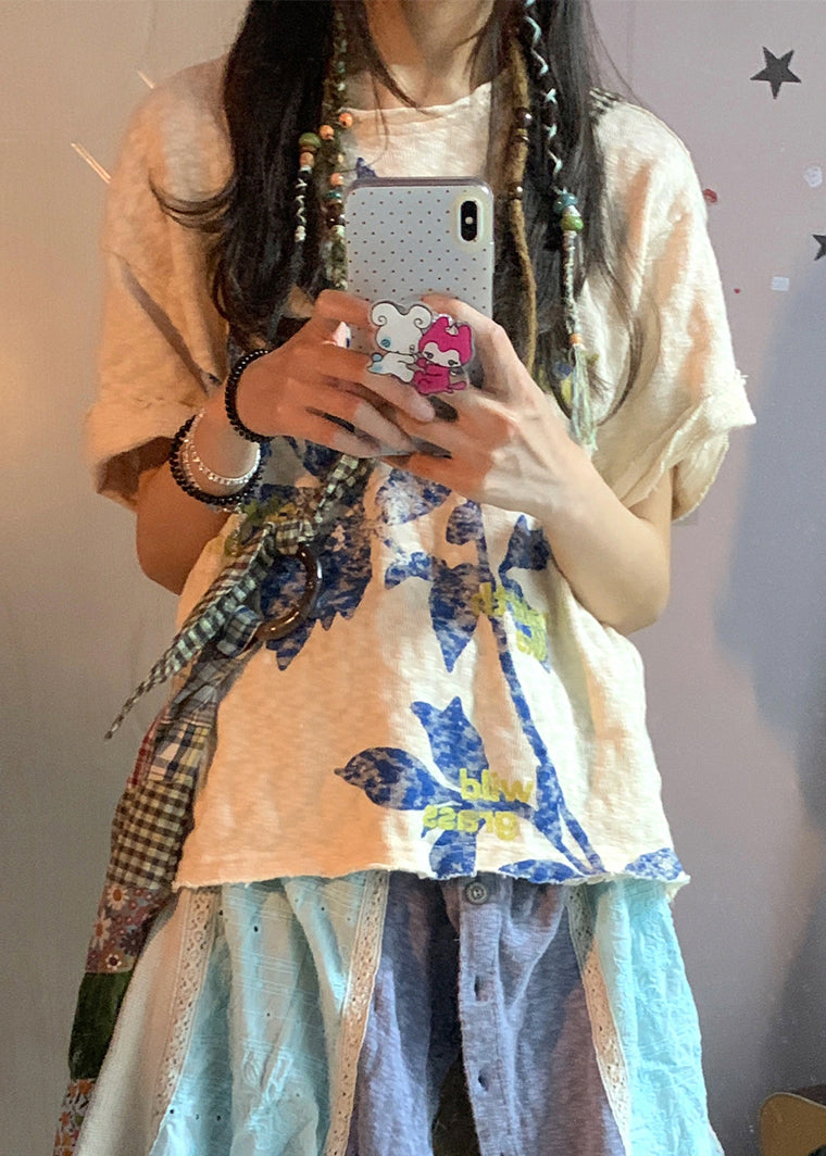 Beige Oversized Print Linen Tops Summer