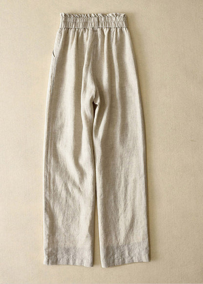 Blue High Waist Button Linen Straigh Pants Summer