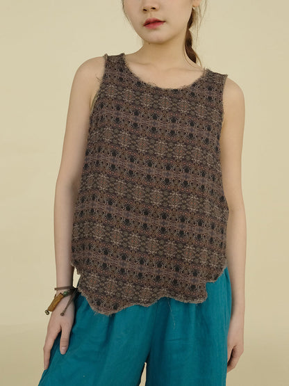 Retro Worn Irregular Hem Geometric Vest