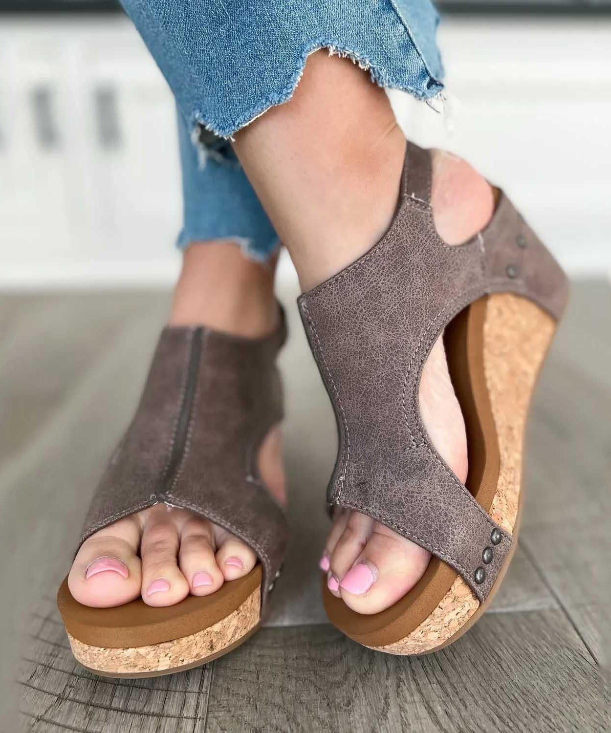 Brown Faux Leather Splicing Wedge Sandals Peep Toe Rivet