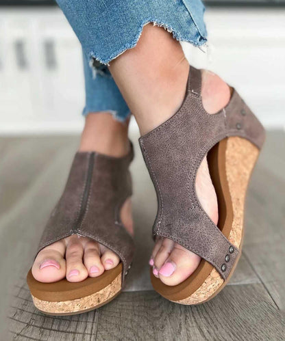Brown Faux Leather Splicing Wedge Sandals Peep Toe Rivet