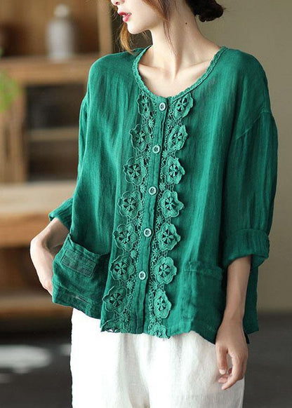 Green Retro O-neck Button Fall Shirt Tops Long Sleeve