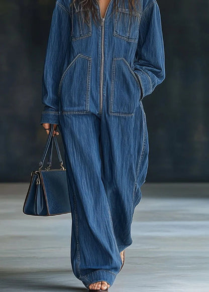 Black Hooded Zippered Patchwork Denim Jumpsuit Fall