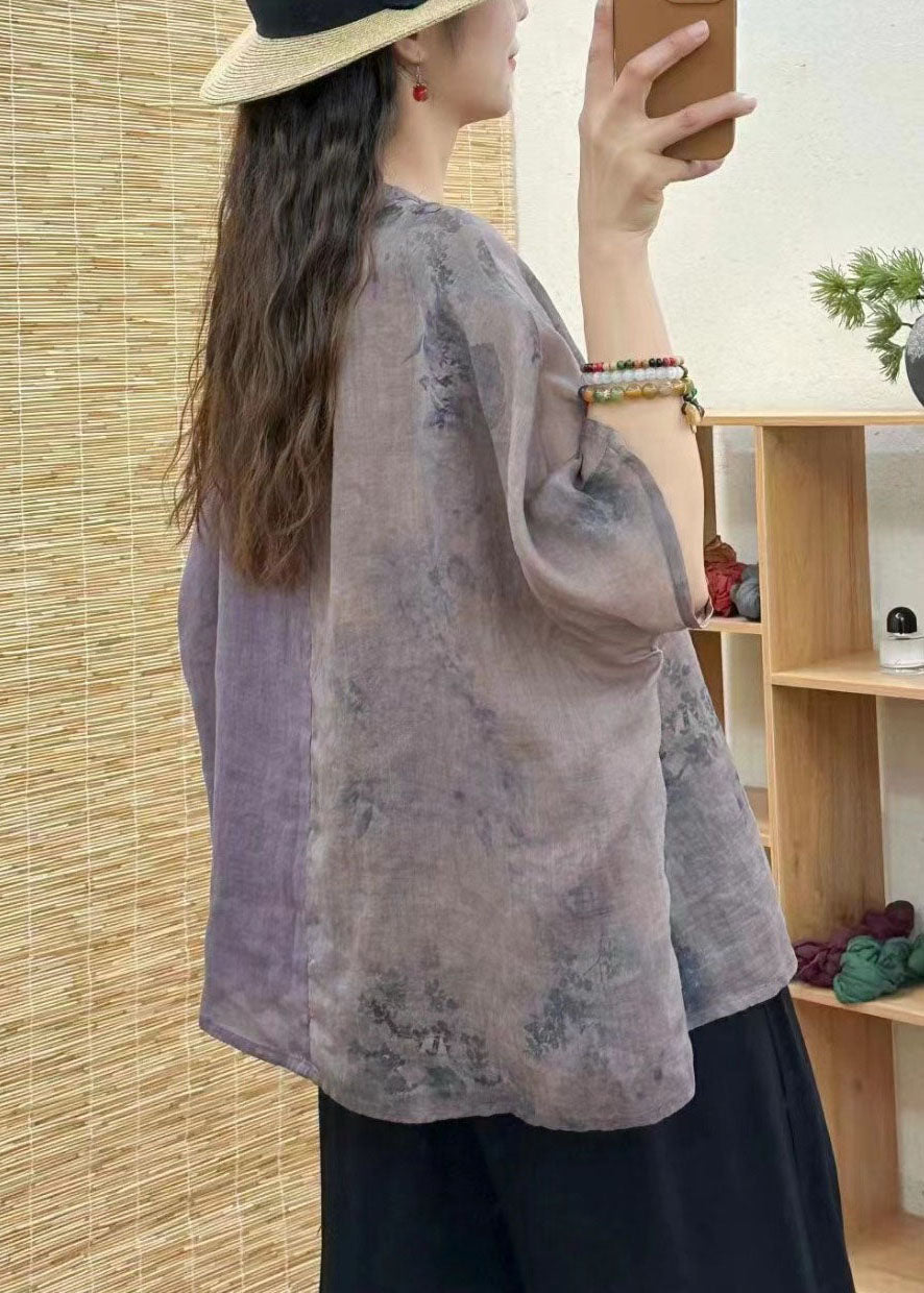 Orange V Neck Embroidered Print Patchwork Linen Shirt Tops Summer