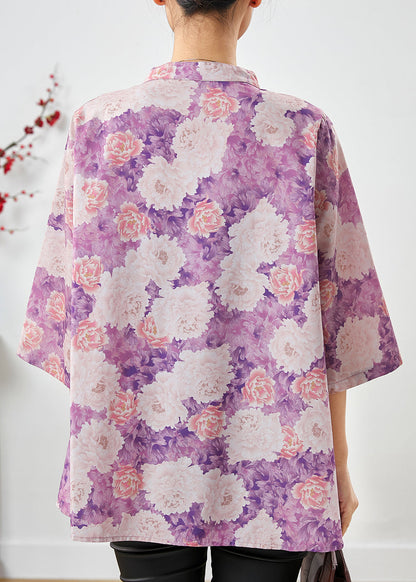 Purple Print Chinese Button Cotton Top Summer
