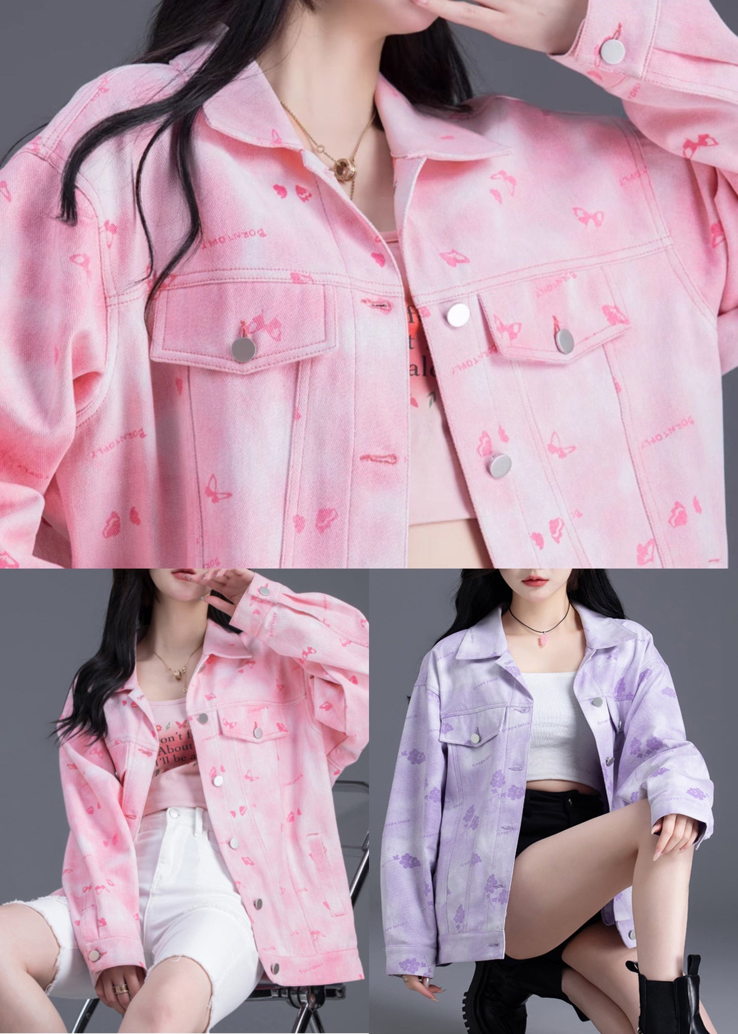 Purple Oversized Print Denim Coat Outwear Spring