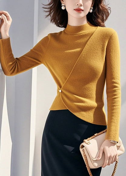 Yellow Half High Neck Asymmetrical Knit Sweaters Spring