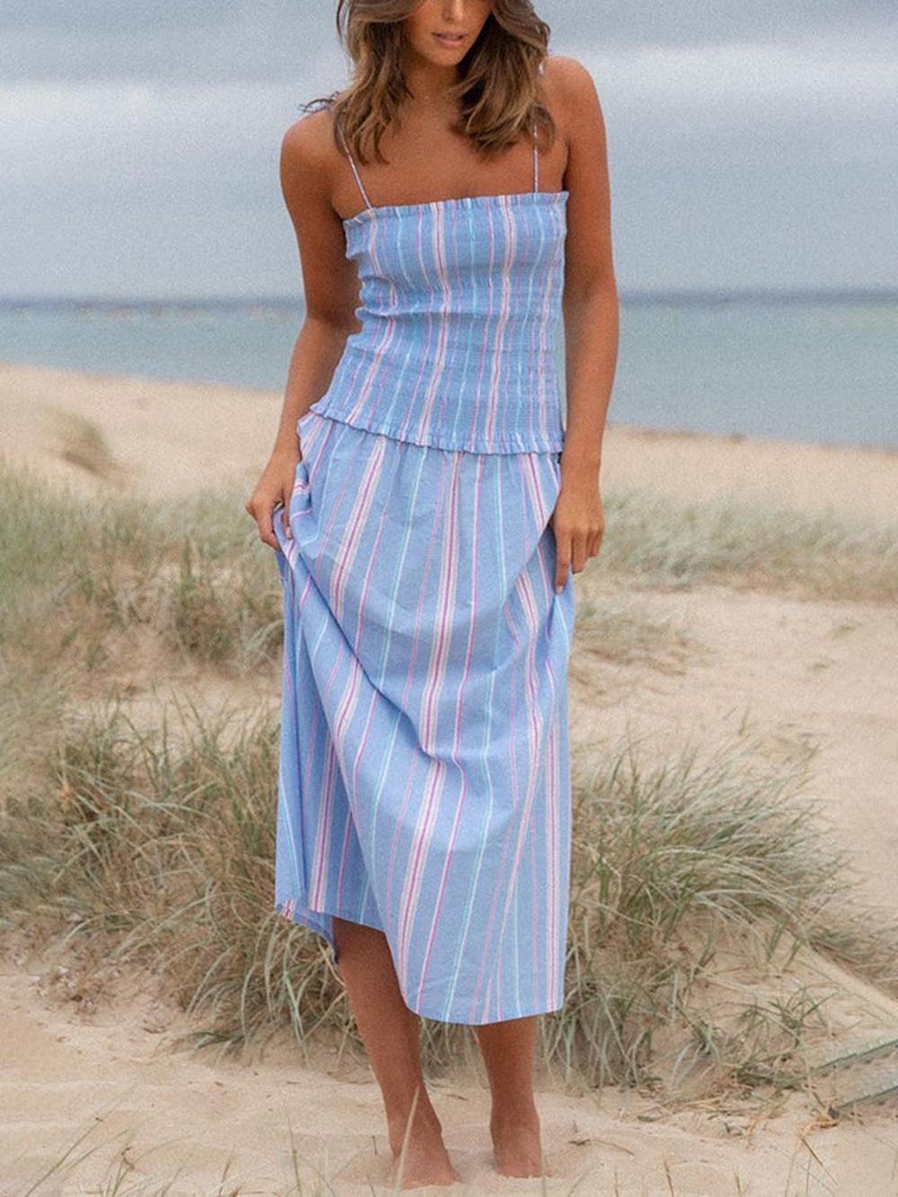 Pleated Striped Printed Stretch Panel Midi Dress