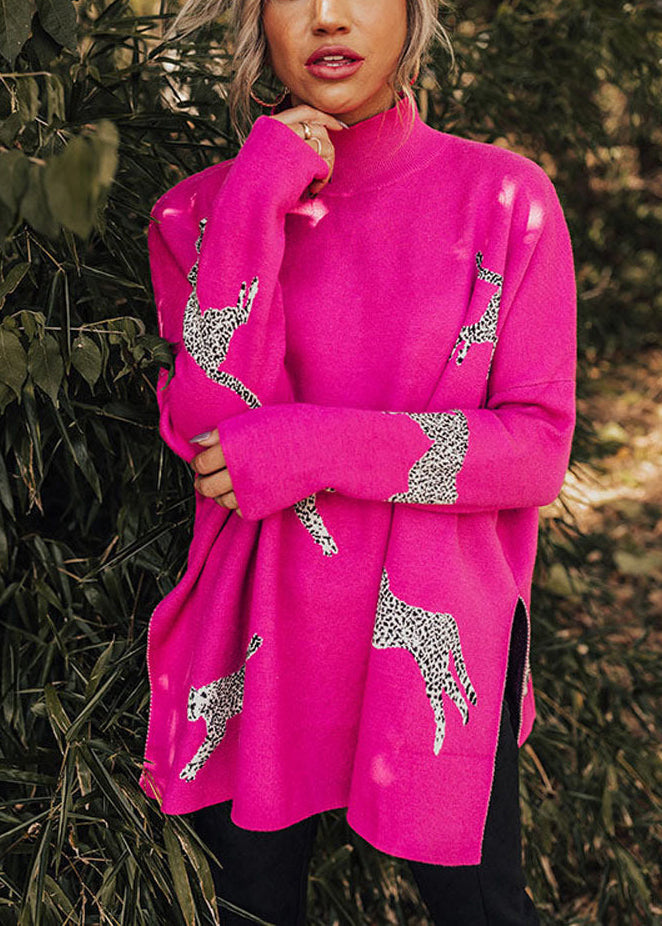 Rose Hign Neck Side Open Knit Sweaters Batwing Sleeve
