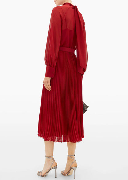 Red Wrinkled Lace Up False Two Pieces Chiffon Dress Fall