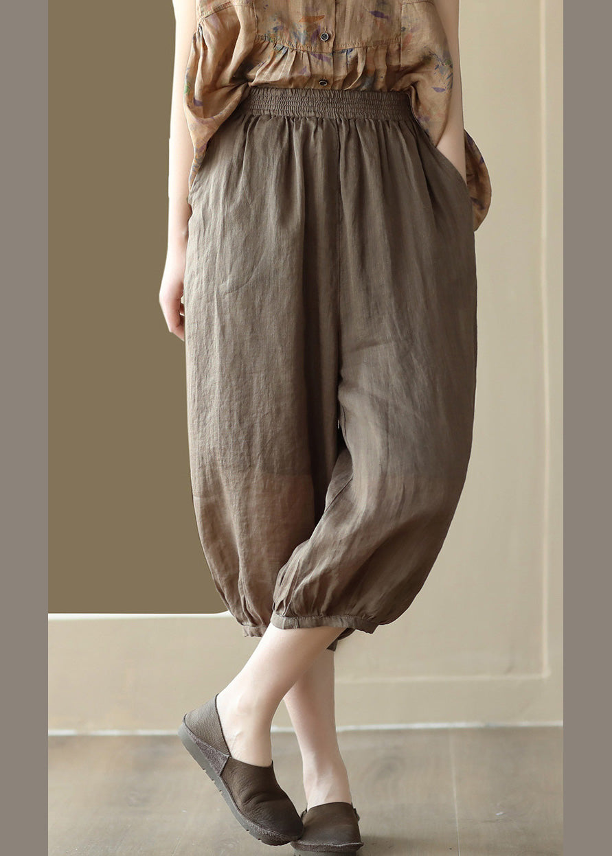 Coffee Elastic Waist Ramie Crop Pants