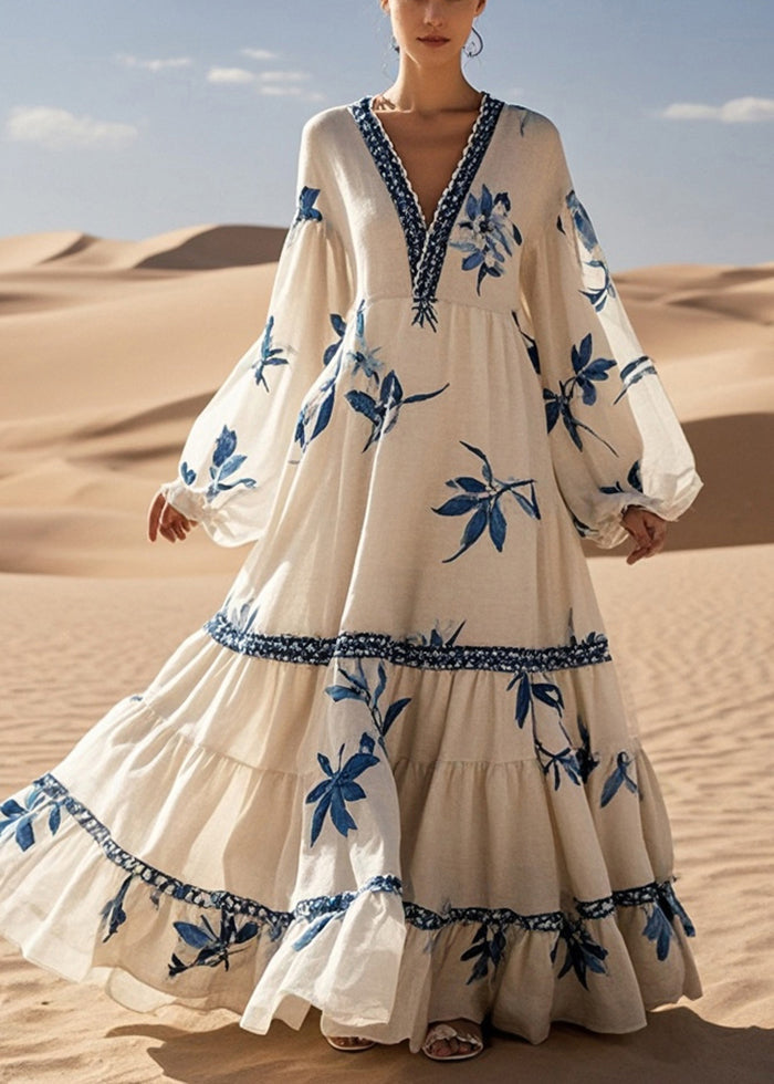 White Print Exra Large Hem Cotton Maxi Dress Fall