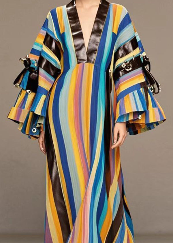Rainbow Striped Patchwork Pu Rivet Cotton Maxi Dresses Fall