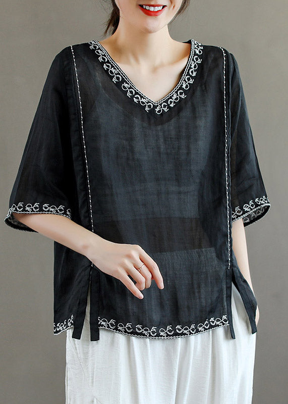 Stylish Purple V Neck Embroidered Linen T Shirt Half Sleeve