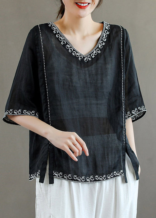 Stylish Purple V Neck Embroidered Linen T Shirt Half Sleeve