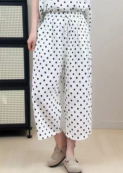 Classy White Oversized Dot Print Linen Wide Leg Pants Summer
