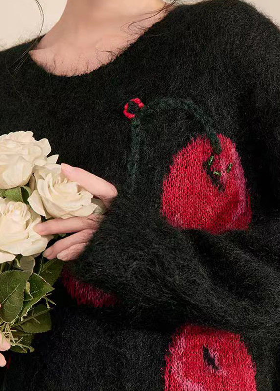 Novelty Black O-neck Print Cozy Cotton Knit Sweaters Fall