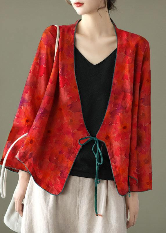 Red-fan Pattern Embroidered Long Sleeve Linen Shirt