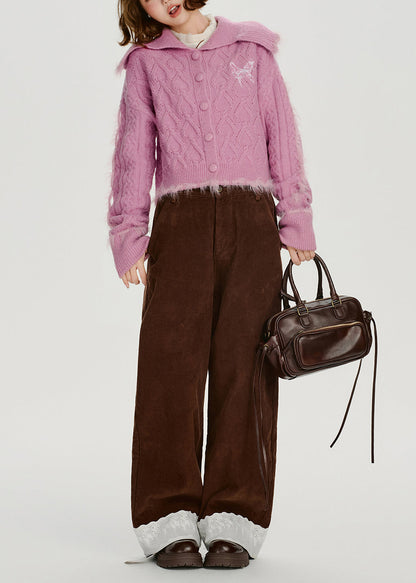Rose Sailor Collar Patchwork Faux Fur Knit Cardigan Winter