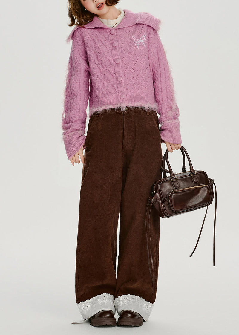 Rose Sailor Collar Patchwork Faux Fur Knit Cardigan Winter