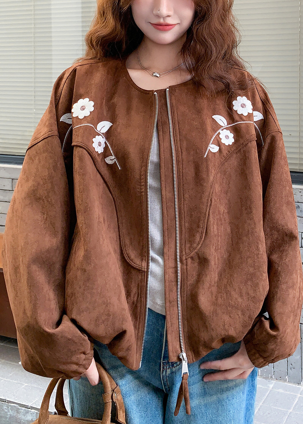 Brown Embroidered Faux Suede Jacket Fall