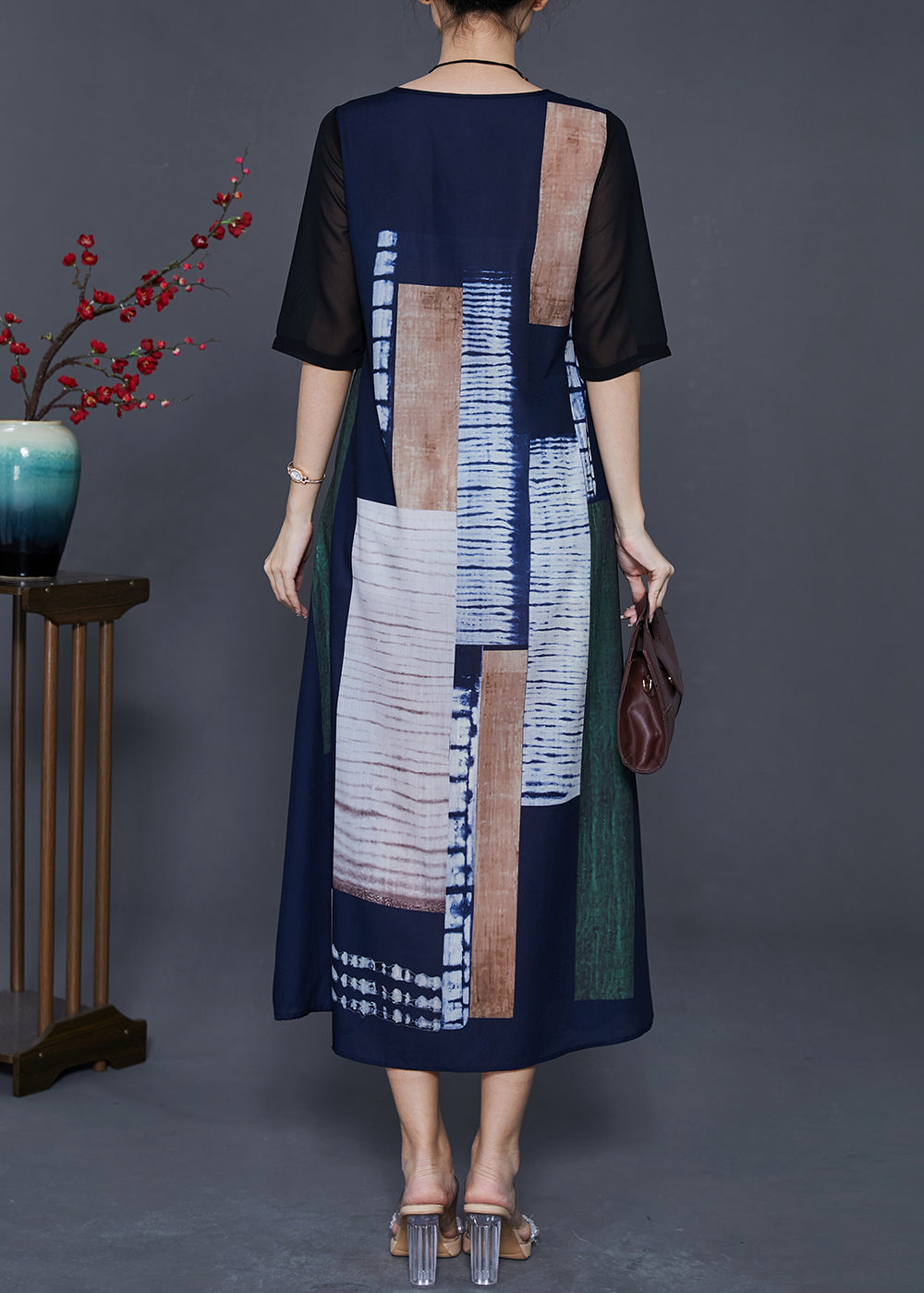 Italian Navy V Neck Print Linen Robe Dresses Summer