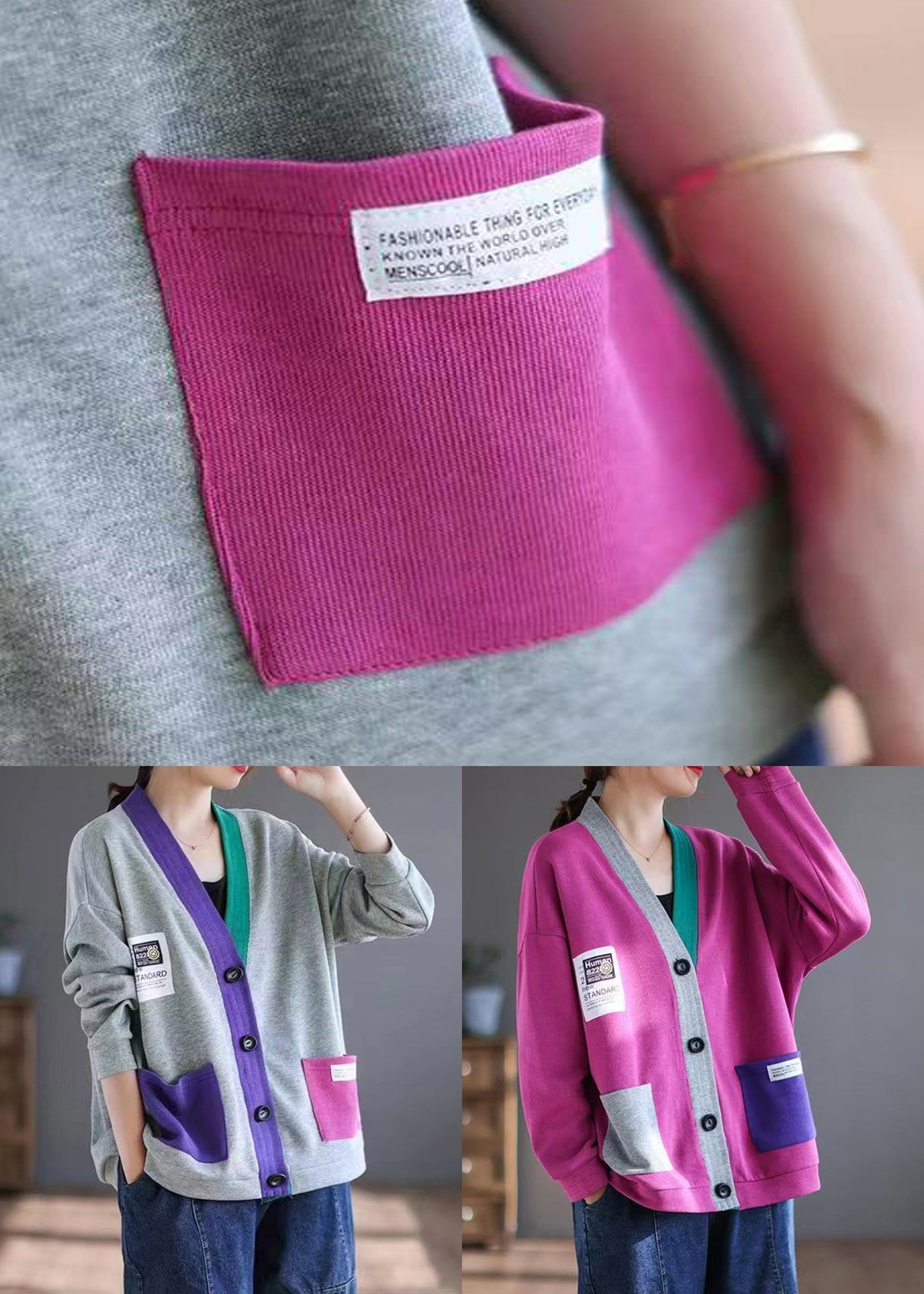 New Rose V Neck Button Patchwork Cotton Cardigan Spring