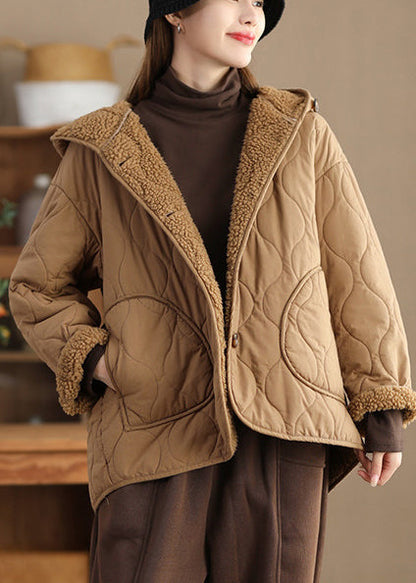 Khaki Oversized Fleece Wool Lined Hooded Jacket Spring