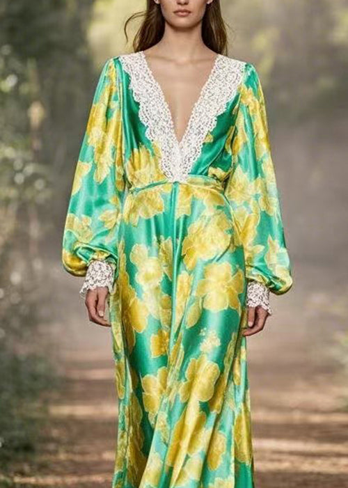 Green V Neck Print Lace Patchwork Silk Dress Spring