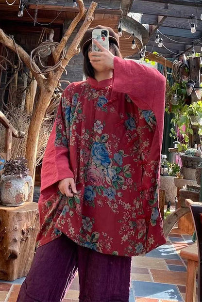 -retro Cotton Linen Big Red Flower Slanting Shirt