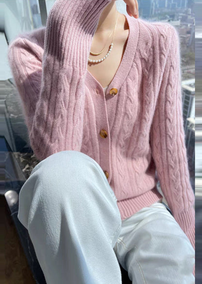 Italian Pink V Neck Cable Wool Knit Cardigans Fall
