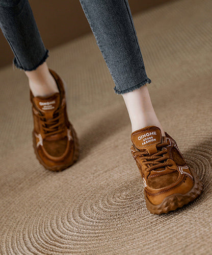 Camel Suede Flat Shoes Splicing Lace Up