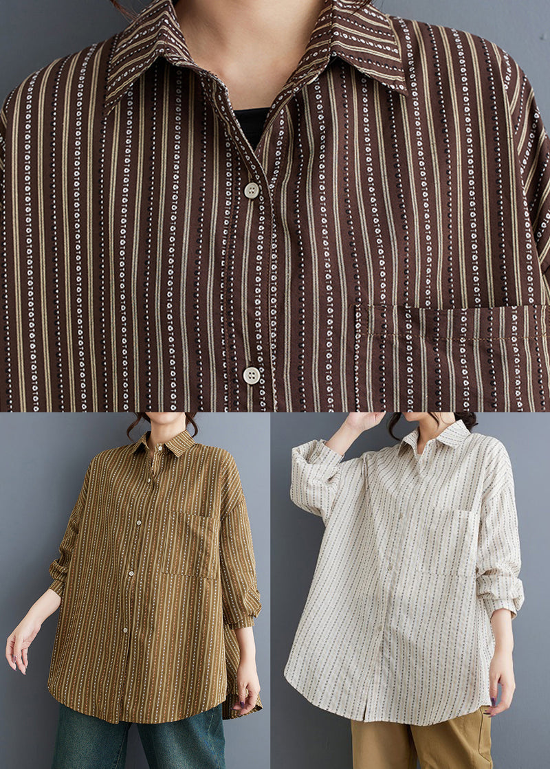 Khaki Peter Pan Collar Striped Cotton Shirts Spring