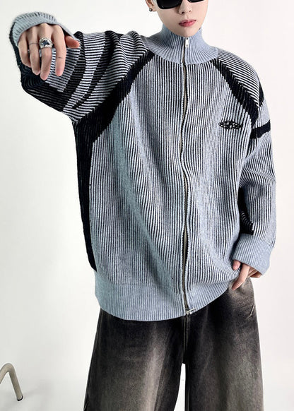 New Blue Striped Zip Up Knit Coat Fall