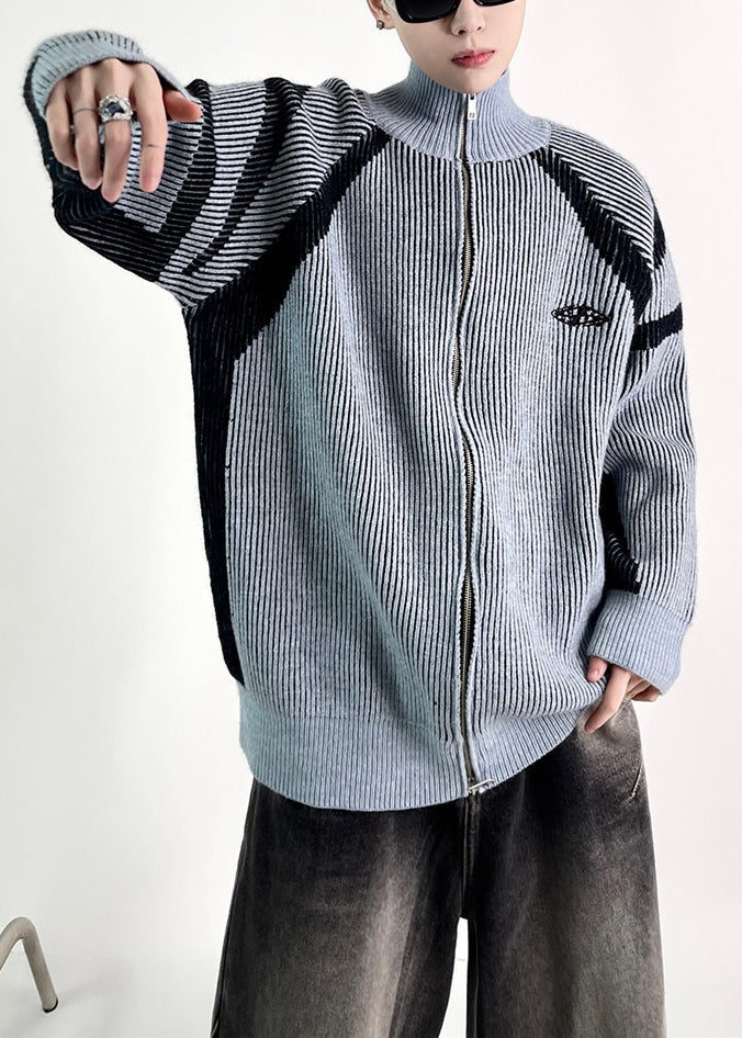 New Blue Striped Zip Up Knit Coat Fall