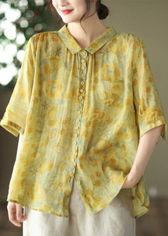 Yellow Peter Pan Collar Low High Design Linen Shirt Half Sleeve