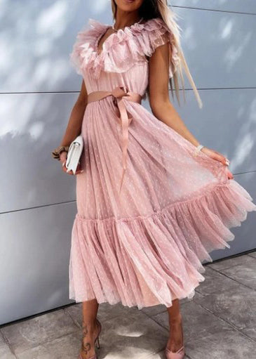 French White V Neck Ruffled Patchwork Tulle Dress Summer