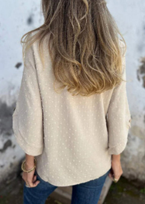 Apricot O Neck Jacquard Cotton Tops Bracelet Sleeve