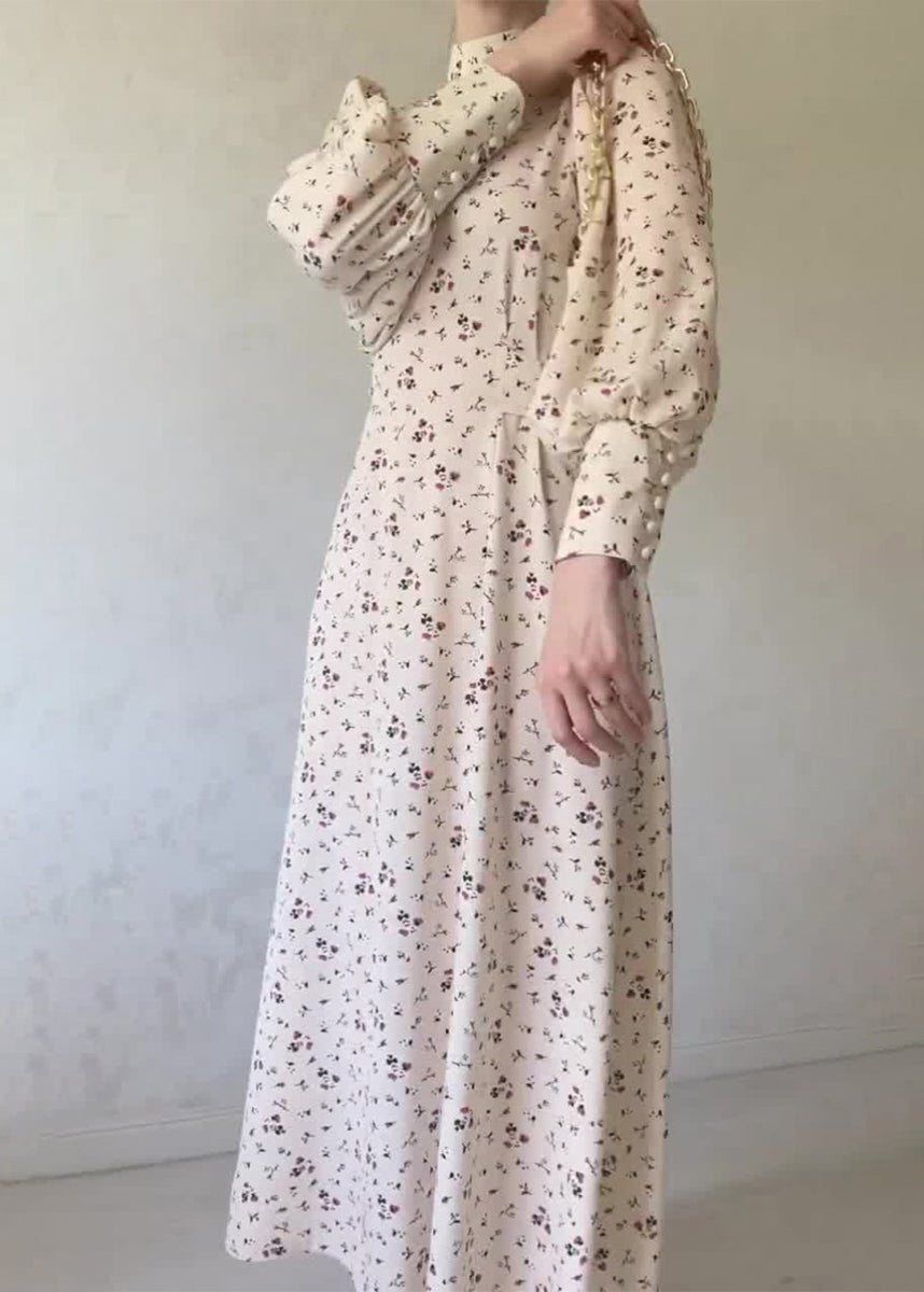 Autumn Apricot Lace Up Stand Collar Print Chiffon Dress