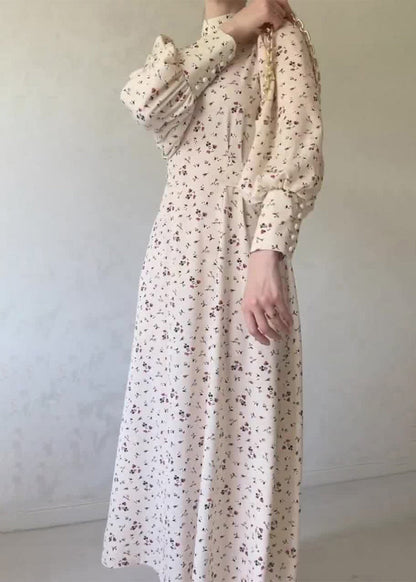 Autumn Apricot Lace Up Stand Collar Print Chiffon Dress