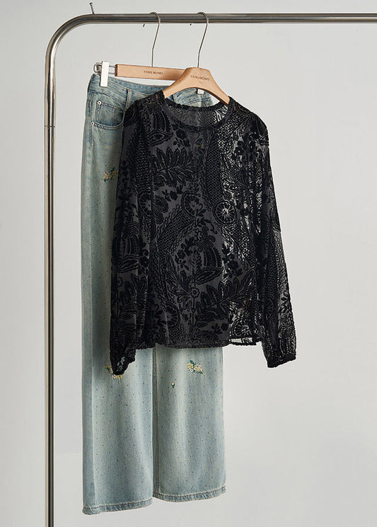 Style Black Oversized Jacquard Silk Velour Blouses Fall
