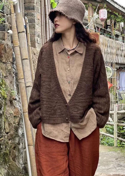 Chocolate Retro V Neck Button Fall Wool Knit Coat
