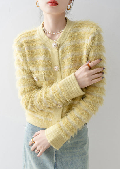 Italian Yellow O Neck Button Mink Hair Knitted Cardigans Spring