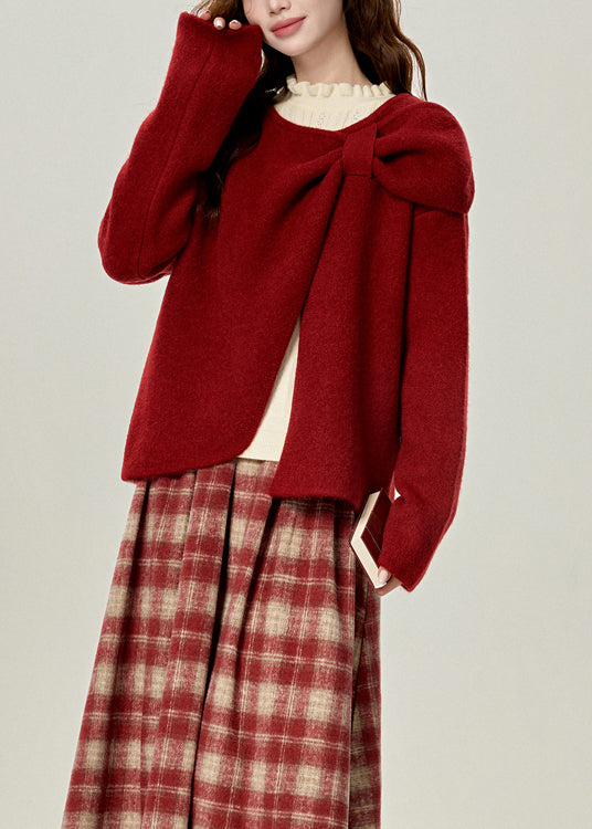 Red O Neck Versatile Knit Sweaters Spring