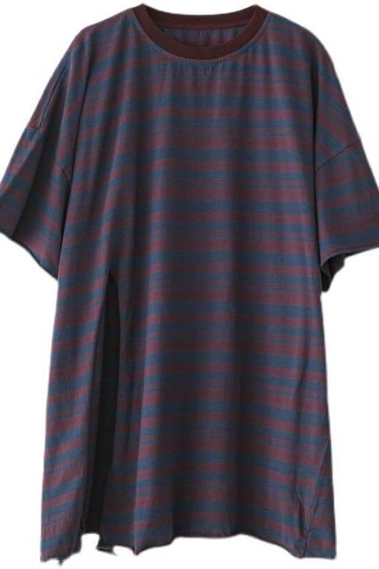 Cotton Stripes Split Hem O Neck T-shirt