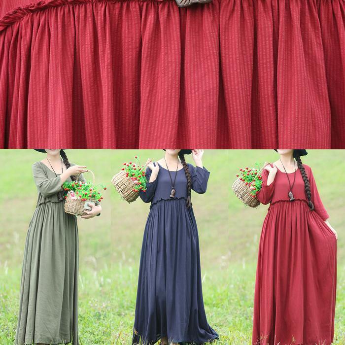 Modern Ruffles Waist Cotton Linen Clothes for Fabrics Blue Maxi Dress