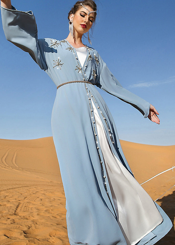 Diy Light Blue V Neck Embroideried Button Maxi Holiday Silk Cardigans Fall