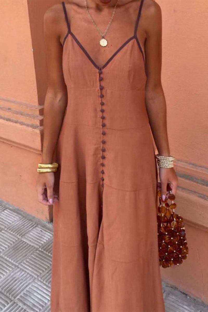 Color Buckle Patchwork V Neck Sling Dresses